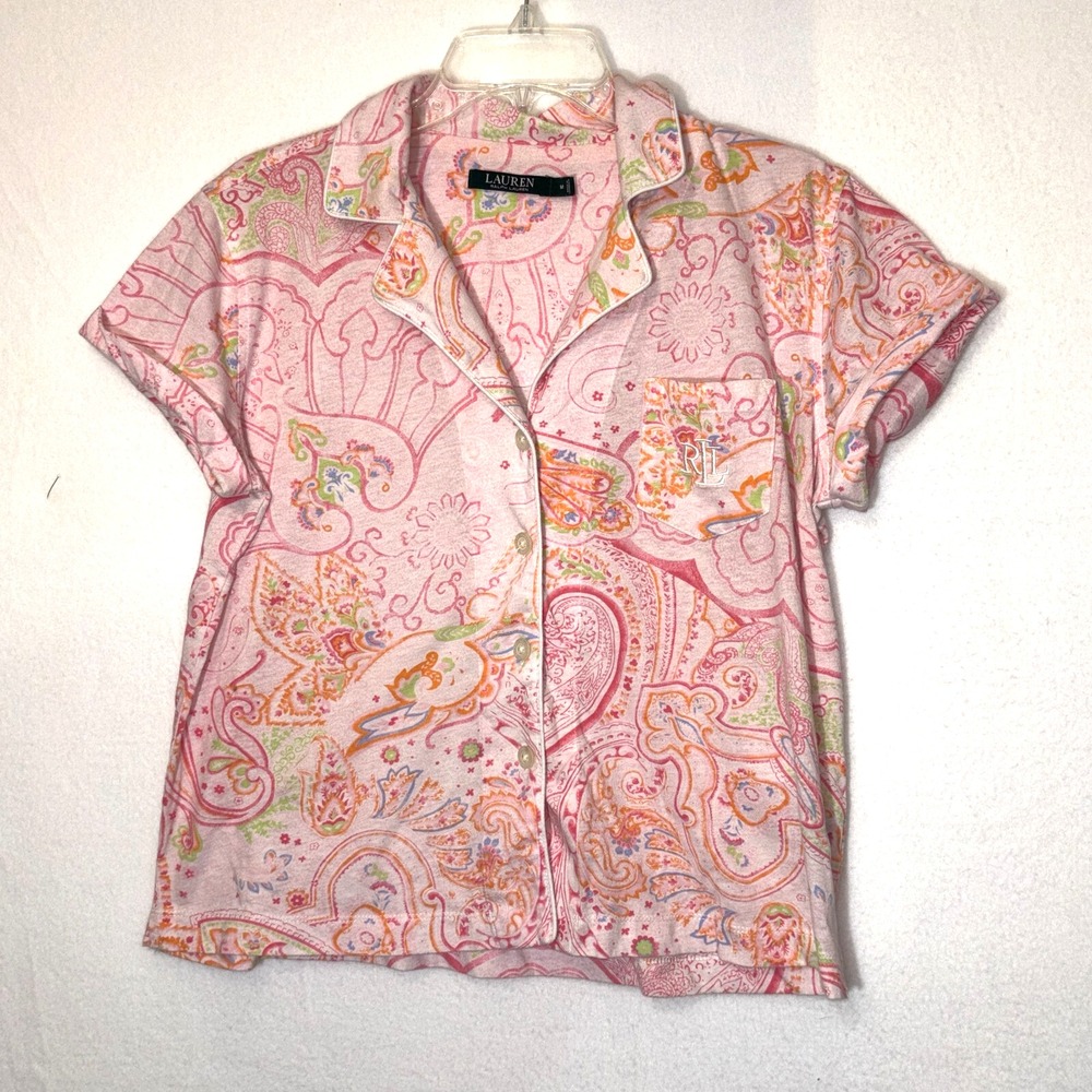 Lauren Ralph Lauren Monogram Button Up Paisley Sleep Top Pink‎ women's Medium